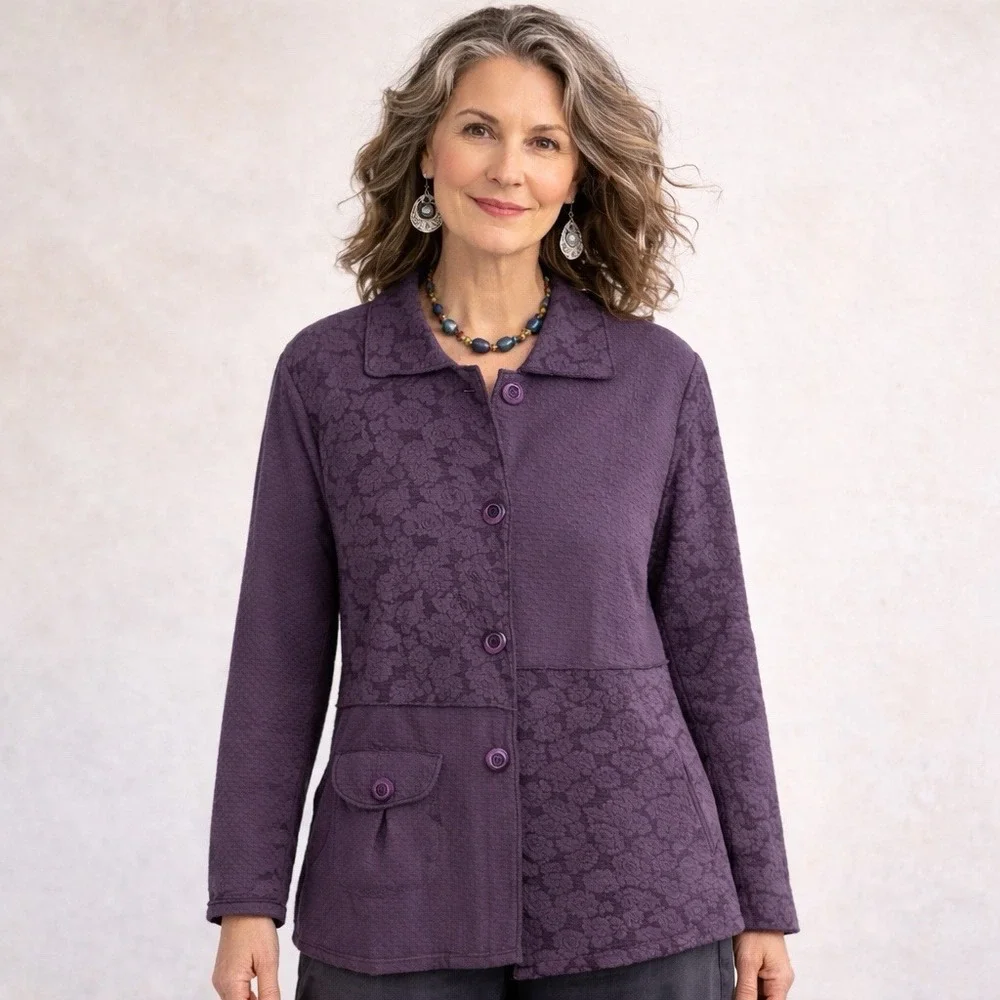 Parsley & Sage Women Large Button Up Tunic Jacket Purple Stretch‎ Floral Artsy